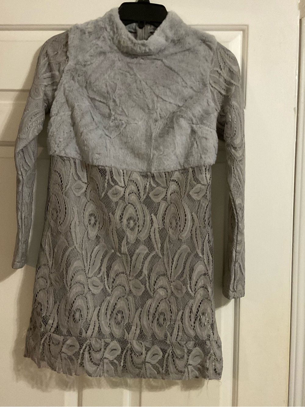 Gray Lace & Faux Fur Long-Sleeve Dress